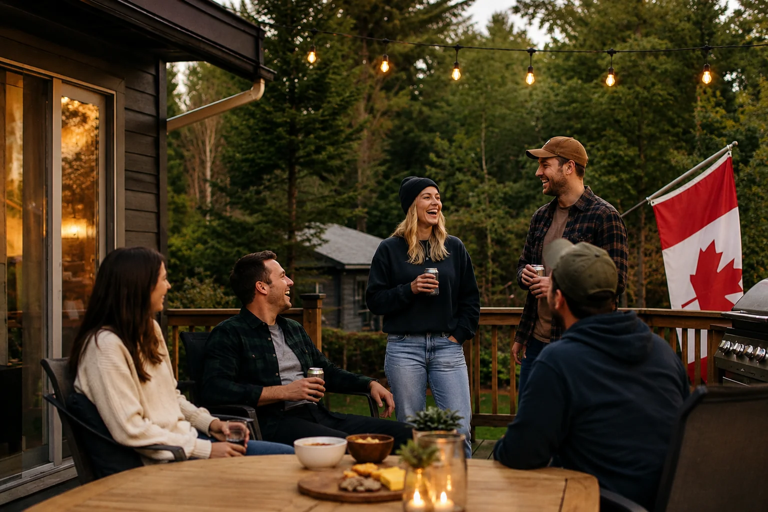 Friends gathered on a cabin deck at dusk